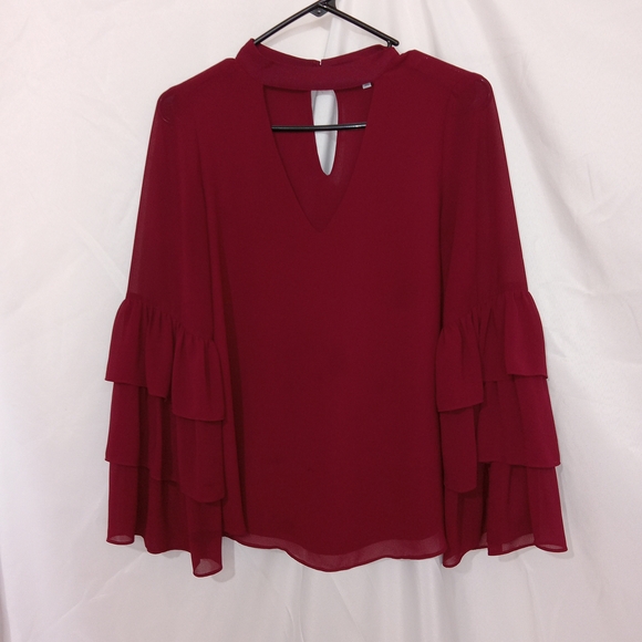 Naked Zebra Tops - Naked Zebra Wine Ruffle Bell Sleeve Chiffon Top Women's Size Small Beautiful❤️